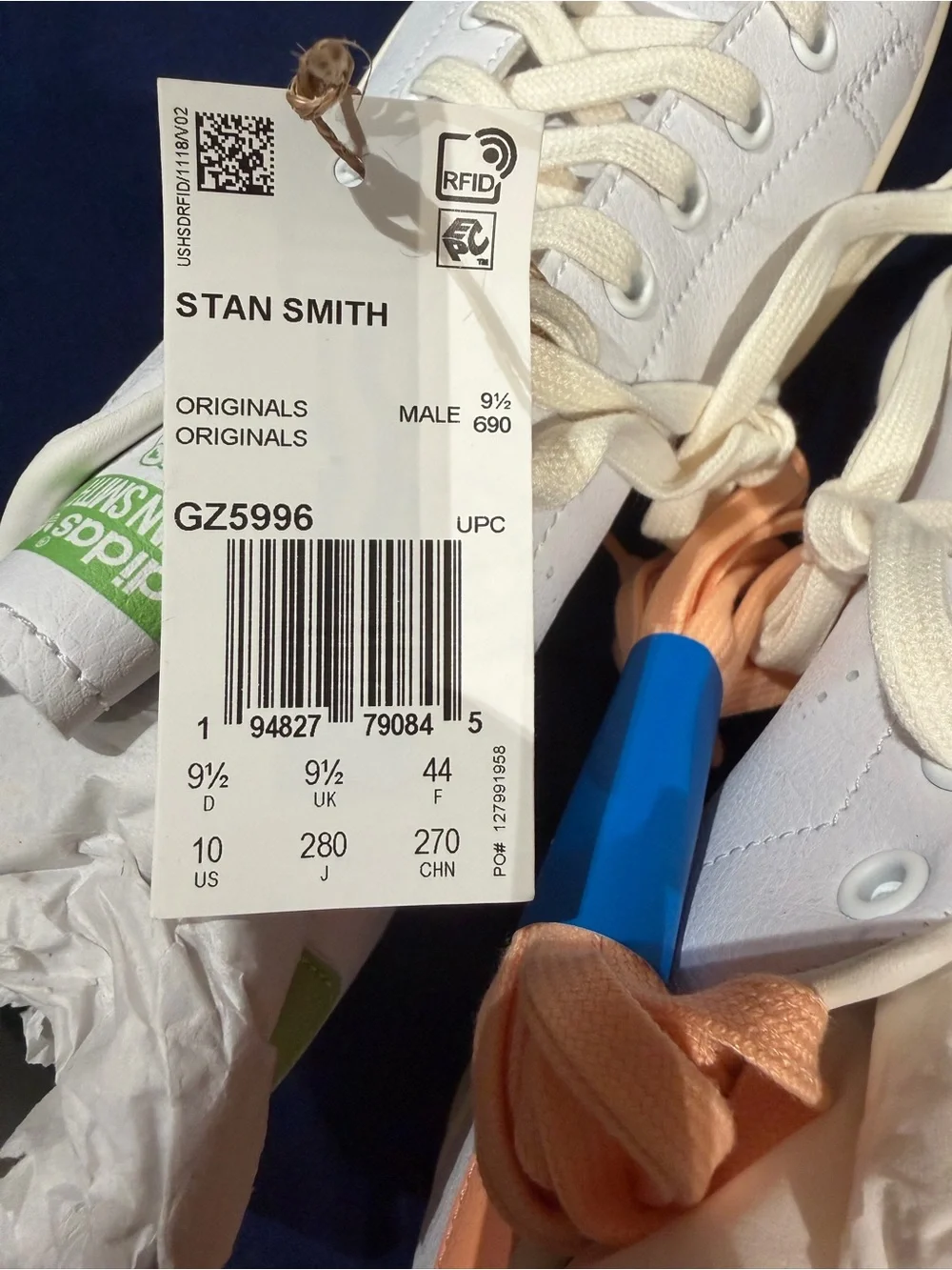adidas White Leather Sneakers with Green & Orange Tongue Accents